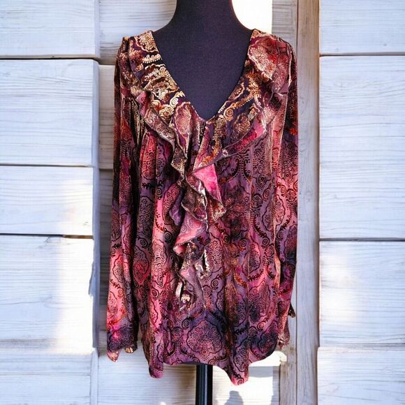 Burnout Damask Velvet Ruffle Top Blouse 3XL Fairy Grunge Pirate Dark Romantic - Picture 1 of 7